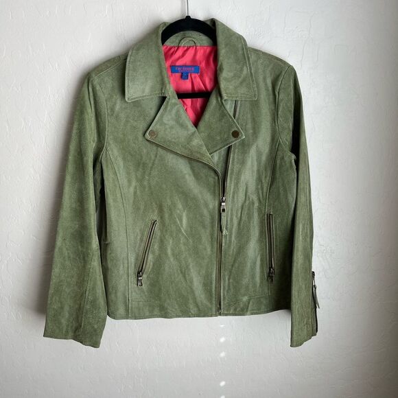 Twiggy London Leather Zip Up Moto Biker Jacket Green Size Medium - Picture 2 of 8
